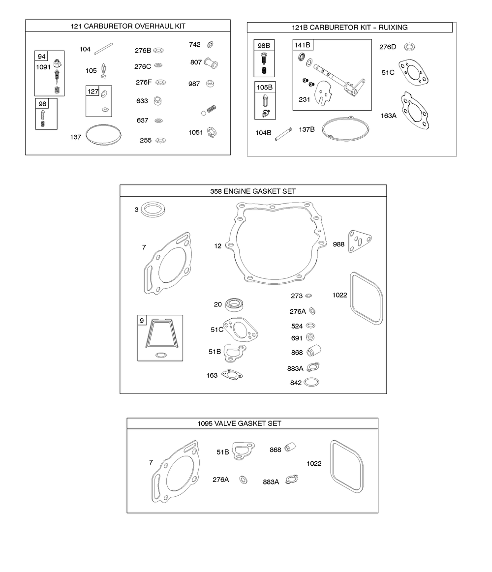 Carburetor Overhaul Kit, Engine/Valve Gasket Sets Diagram and Parts List for 305777-0132-B5 200000 - 399999 Briggs and Stratton Engine